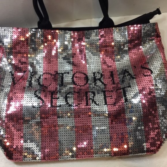 Victoria's Secret Extra Large Glam Sequined Canvas Zip Tote Travel Bag 21"x15" - Picture 2 of 9
